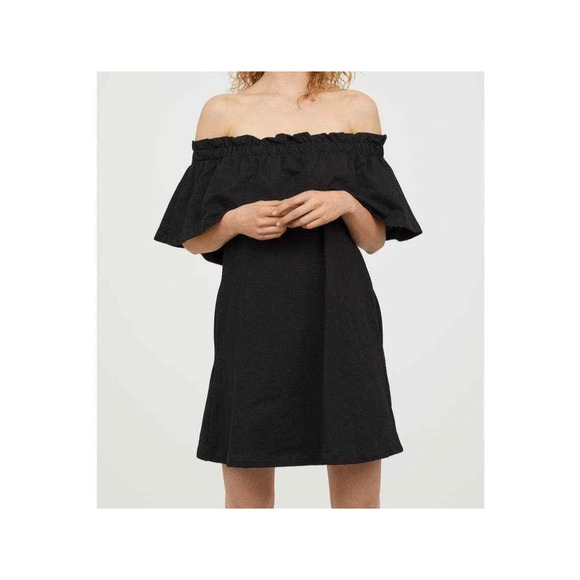 H&M Black Off the Shoulder Ruffle Mini Dress Sz XS Thick Jersey Straight Hem - Picture 6 of 8